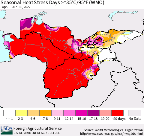 Central Asia Seasonal Heat Stress Days >=35°C/95°F (WMO) Thematic Map For 4/1/2022 - 6/30/2022