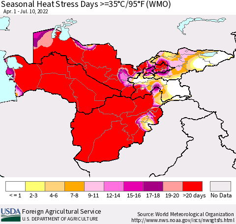 Central Asia Seasonal Heat Stress Days >=35°C/95°F (WMO) Thematic Map For 4/1/2022 - 7/10/2022