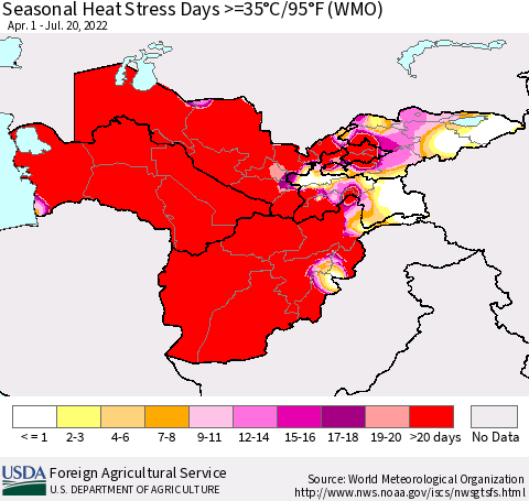 Central Asia Seasonal Heat Stress Days >=35°C/95°F (WMO) Thematic Map For 4/1/2022 - 7/20/2022