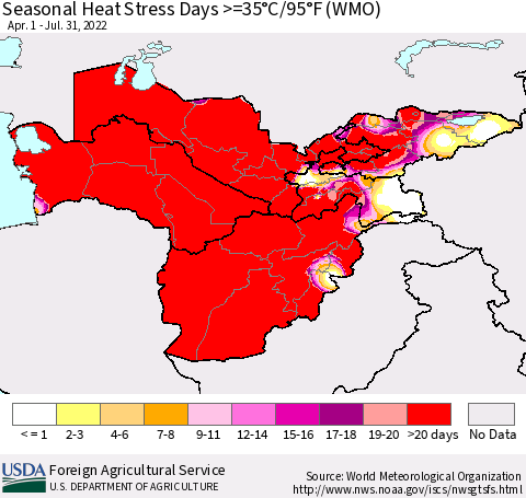 Central Asia Seasonal Heat Stress Days >=35°C/95°F (WMO) Thematic Map For 4/1/2022 - 7/31/2022
