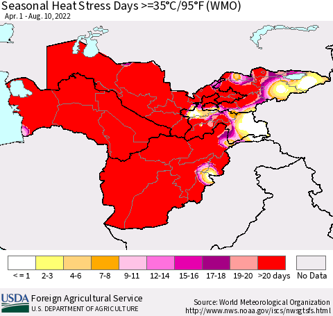 Central Asia Seasonal Heat Stress Days >=35°C/95°F (WMO) Thematic Map For 4/1/2022 - 8/10/2022