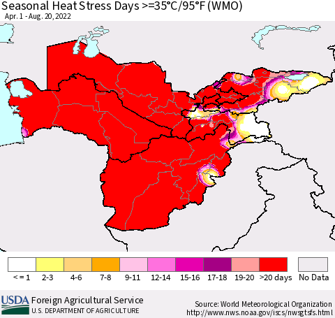 Central Asia Seasonal Heat Stress Days >=35°C/95°F (WMO) Thematic Map For 4/1/2022 - 8/20/2022