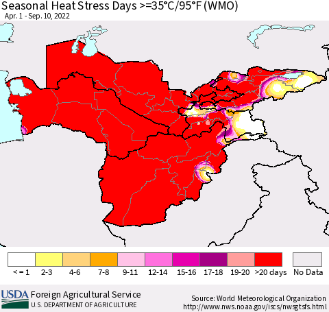 Central Asia Seasonal Heat Stress Days >=35°C/95°F (WMO) Thematic Map For 4/1/2022 - 9/10/2022