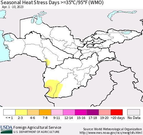 Central Asia Seasonal Heat Stress Days >=35°C/95°F (WMO) Thematic Map For 4/1/2023 - 4/10/2023