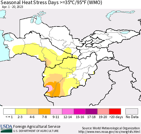 Central Asia Seasonal Heat Stress Days >=35°C/95°F (WMO) Thematic Map For 4/1/2023 - 4/20/2023