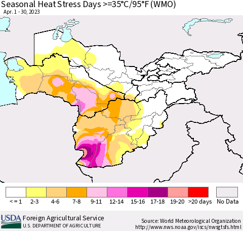 Central Asia Seasonal Heat Stress Days >=35°C/95°F (WMO) Thematic Map For 4/1/2023 - 4/30/2023