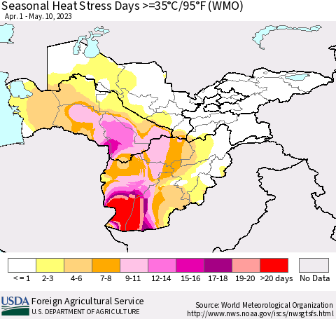 Central Asia Seasonal Heat Stress Days >=35°C/95°F (WMO) Thematic Map For 4/1/2023 - 5/10/2023