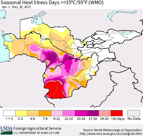 Central Asia Seasonal Heat Stress Days >=35°C/95°F (WMO) Thematic Map For 4/1/2023 - 5/20/2023