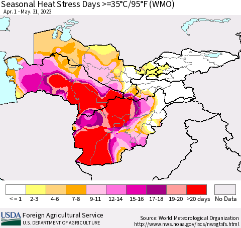 Central Asia Seasonal Heat Stress Days >=35°C/95°F (WMO) Thematic Map For 4/1/2023 - 5/31/2023