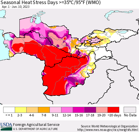 Central Asia Seasonal Heat Stress Days >=35°C/95°F (WMO) Thematic Map For 4/1/2023 - 6/10/2023
