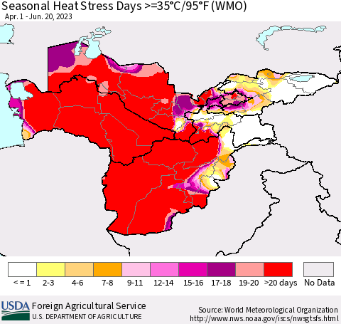 Central Asia Seasonal Heat Stress Days >=35°C/95°F (WMO) Thematic Map For 4/1/2023 - 6/20/2023