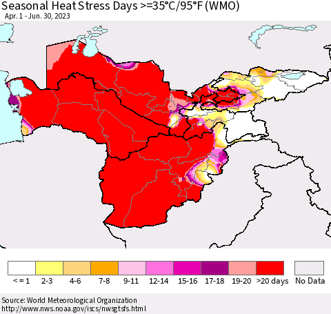 Central Asia Seasonal Heat Stress Days >=35°C/95°F (WMO) Thematic Map For 4/1/2023 - 6/30/2023