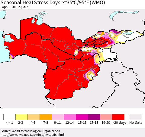 Central Asia Seasonal Heat Stress Days >=35°C/95°F (WMO) Thematic Map For 4/1/2023 - 7/20/2023