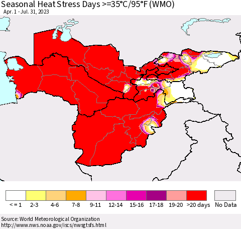 Central Asia Seasonal Heat Stress Days >=35°C/95°F (WMO) Thematic Map For 4/1/2023 - 7/31/2023