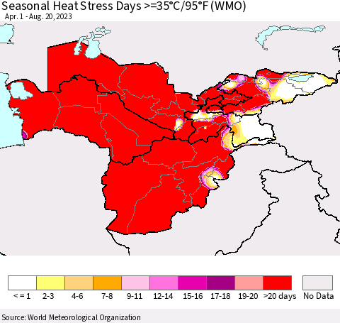 Central Asia Seasonal Heat Stress Days >=35°C/95°F (WMO) Thematic Map For 4/1/2023 - 8/20/2023
