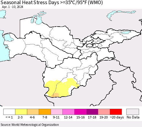 Central Asia Seasonal Heat Stress Days >=35°C/95°F (WMO) Thematic Map For 4/1/2024 - 4/10/2024