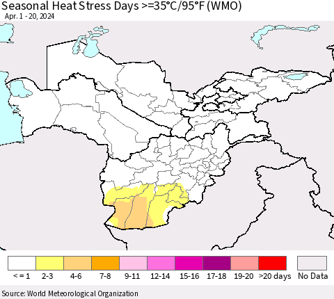 Central Asia Seasonal Heat Stress Days >=35°C/95°F (WMO) Thematic Map For 4/1/2024 - 4/20/2024