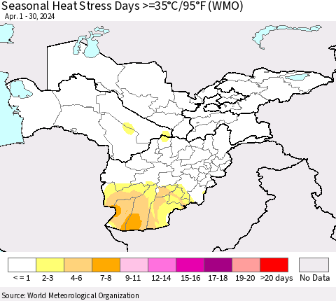 Central Asia Seasonal Heat Stress Days >=35°C/95°F (WMO) Thematic Map For 4/1/2024 - 4/30/2024