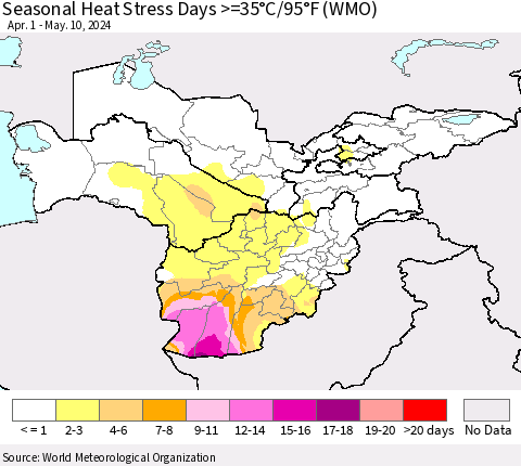 Central Asia Seasonal Heat Stress Days >=35°C/95°F (WMO) Thematic Map For 4/1/2024 - 5/10/2024