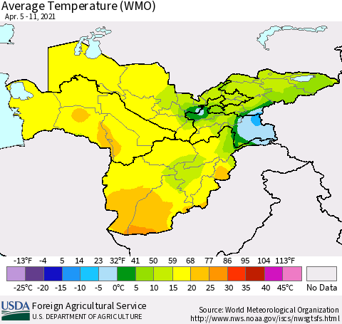 Central Asia Average Temperature (WMO) Thematic Map For 4/5/2021 - 4/11/2021