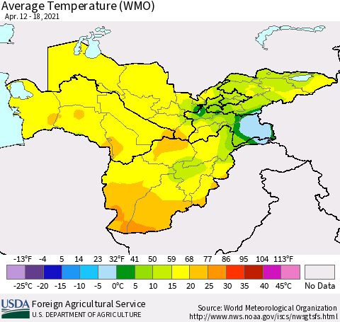 Central Asia Average Temperature (WMO) Thematic Map For 4/12/2021 - 4/18/2021