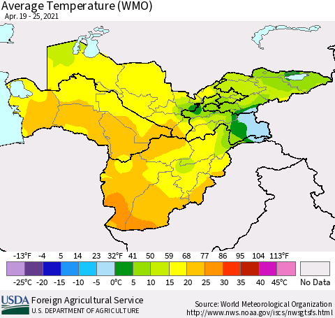 Central Asia Average Temperature (WMO) Thematic Map For 4/19/2021 - 4/25/2021