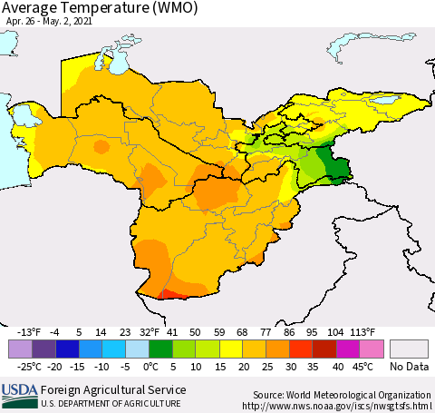 Central Asia Average Temperature (WMO) Thematic Map For 4/26/2021 - 5/2/2021