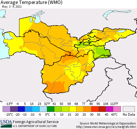 Central Asia Average Temperature (WMO) Thematic Map For 5/3/2021 - 5/9/2021