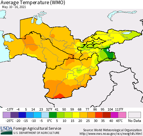 Central Asia Average Temperature (WMO) Thematic Map For 5/10/2021 - 5/16/2021
