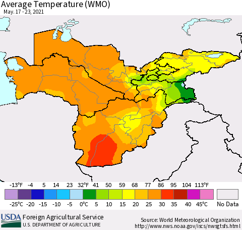 Central Asia Average Temperature (WMO) Thematic Map For 5/17/2021 - 5/23/2021