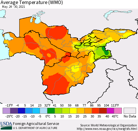 Central Asia Average Temperature (WMO) Thematic Map For 5/24/2021 - 5/30/2021