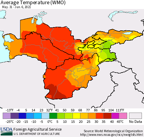 Central Asia Average Temperature (WMO) Thematic Map For 5/31/2021 - 6/6/2021