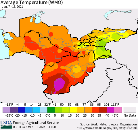 Central Asia Average Temperature (WMO) Thematic Map For 6/7/2021 - 6/13/2021