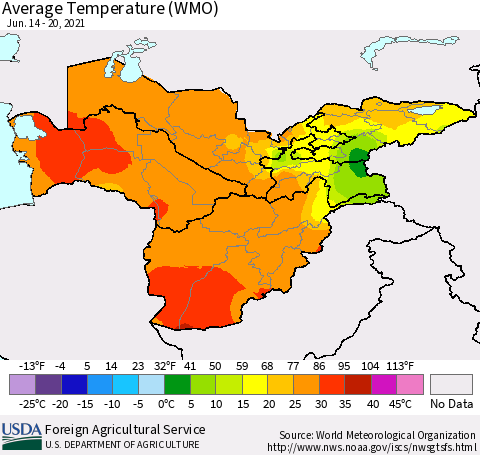 Central Asia Average Temperature (WMO) Thematic Map For 6/14/2021 - 6/20/2021