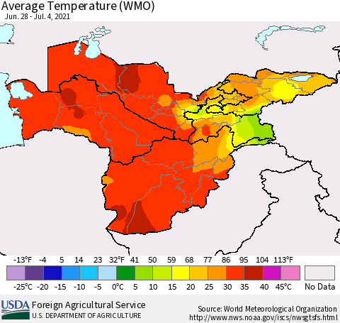 Central Asia Average Temperature (WMO) Thematic Map For 6/28/2021 - 7/4/2021