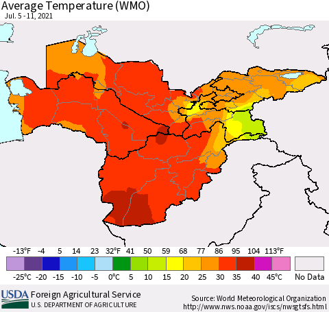 Central Asia Average Temperature (WMO) Thematic Map For 7/5/2021 - 7/11/2021