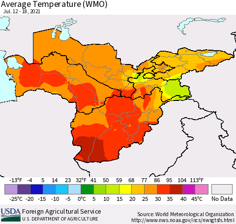 Central Asia Average Temperature (WMO) Thematic Map For 7/12/2021 - 7/18/2021