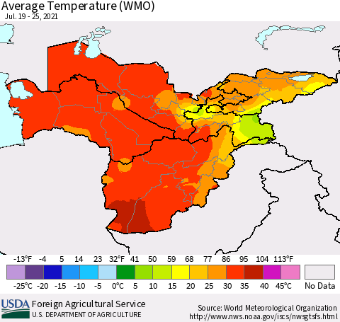 Central Asia Average Temperature (WMO) Thematic Map For 7/19/2021 - 7/25/2021