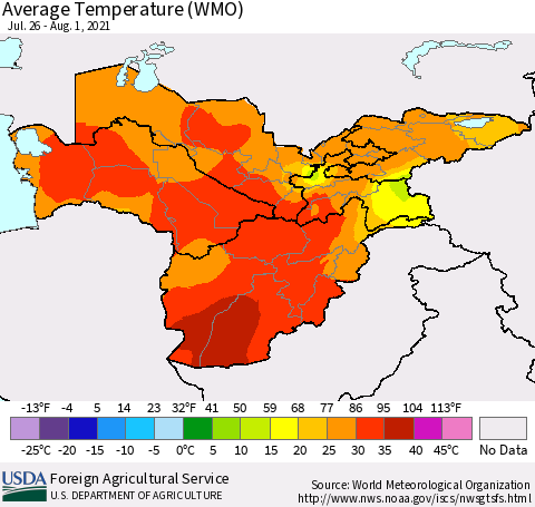 Central Asia Average Temperature (WMO) Thematic Map For 7/26/2021 - 8/1/2021