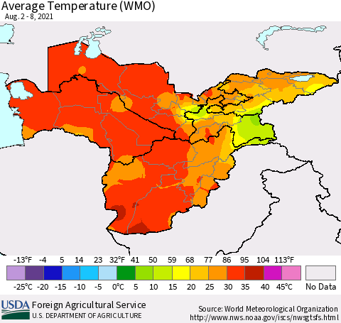 Central Asia Average Temperature (WMO) Thematic Map For 8/2/2021 - 8/8/2021