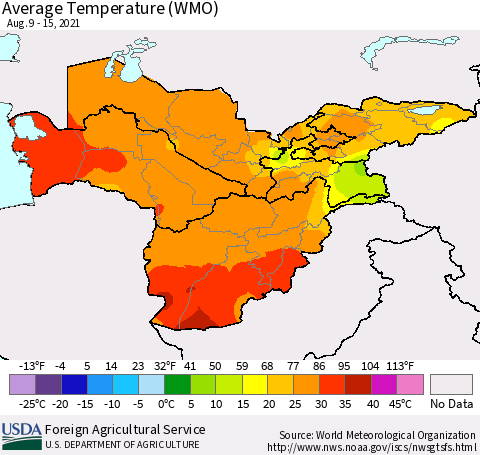 Central Asia Average Temperature (WMO) Thematic Map For 8/9/2021 - 8/15/2021