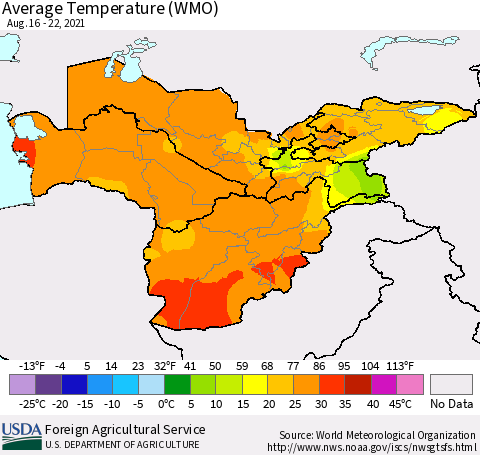 Central Asia Average Temperature (WMO) Thematic Map For 8/16/2021 - 8/22/2021