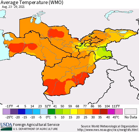 Central Asia Average Temperature (WMO) Thematic Map For 8/23/2021 - 8/29/2021