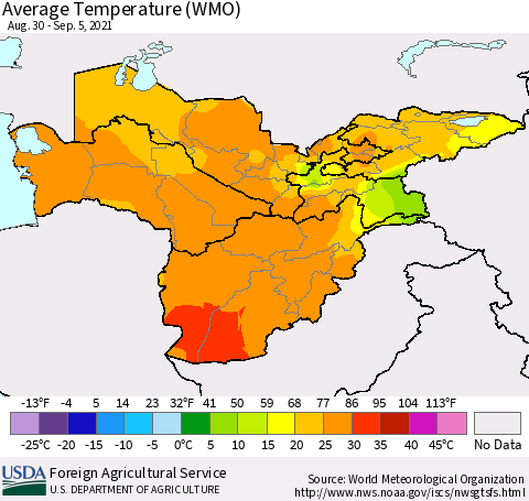 Central Asia Average Temperature (WMO) Thematic Map For 8/30/2021 - 9/5/2021