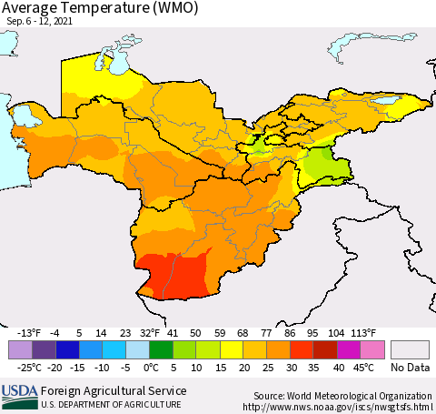 Central Asia Average Temperature (WMO) Thematic Map For 9/6/2021 - 9/12/2021