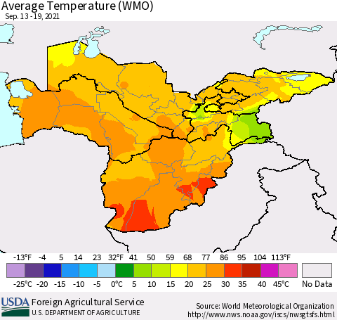 Central Asia Average Temperature (WMO) Thematic Map For 9/13/2021 - 9/19/2021