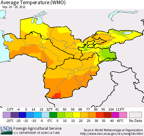 Central Asia Average Temperature (WMO) Thematic Map For 9/20/2021 - 9/26/2021