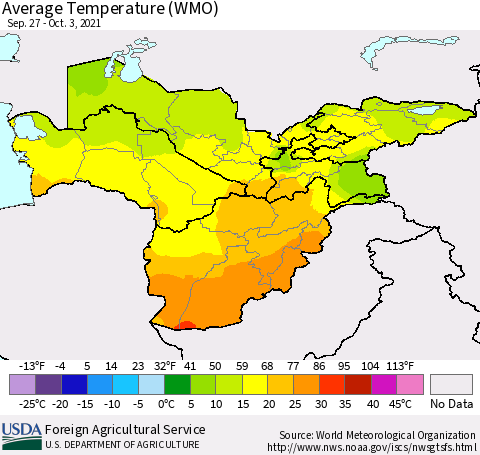 Central Asia Average Temperature (WMO) Thematic Map For 9/27/2021 - 10/3/2021