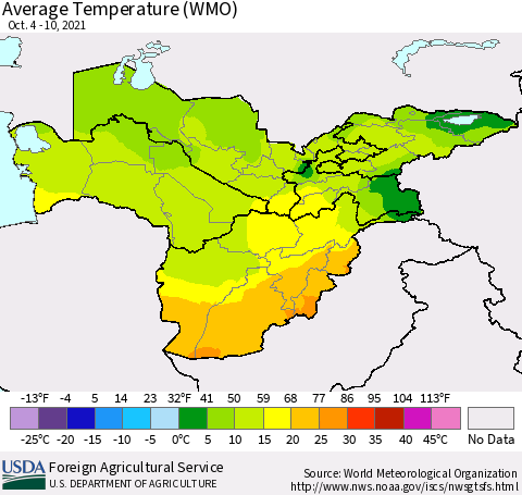 Central Asia Average Temperature (WMO) Thematic Map For 10/4/2021 - 10/10/2021