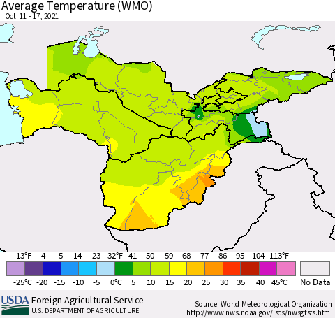 Central Asia Average Temperature (WMO) Thematic Map For 10/11/2021 - 10/17/2021